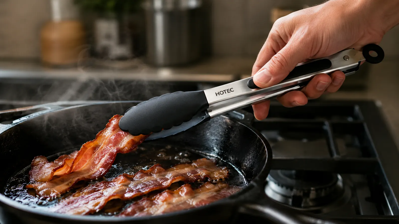 Hand using locking kitchen tongs to flip bacon strips in a skillet