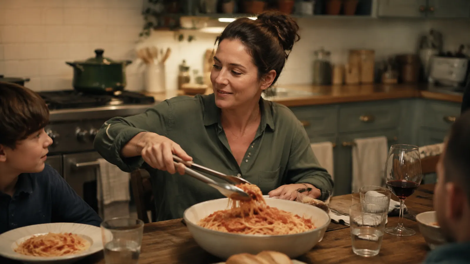 Family dinner table set with a serving bowl of pasta and tongs resting across the bowl edge