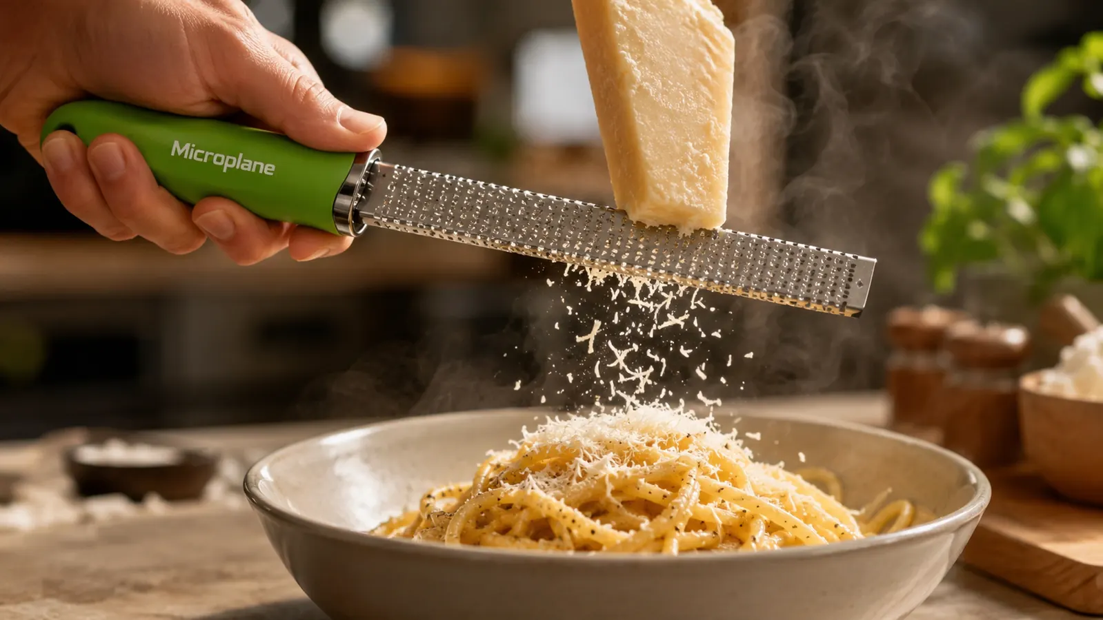 Hand holding the Microplane zester grating fresh parmesan over a bowl of pasta