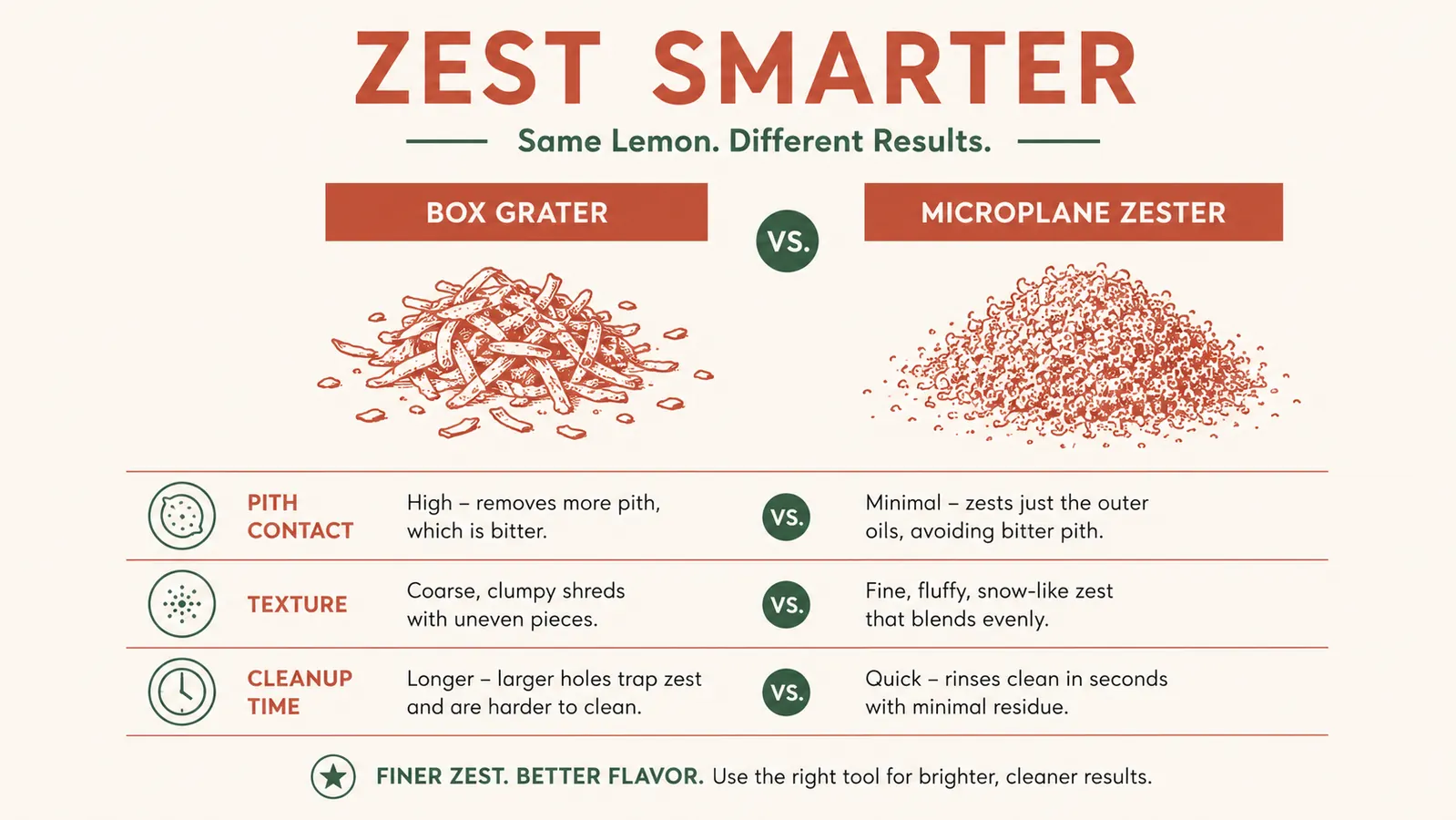 Comparison chart showing zest texture from a Microplane zester versus a box grater