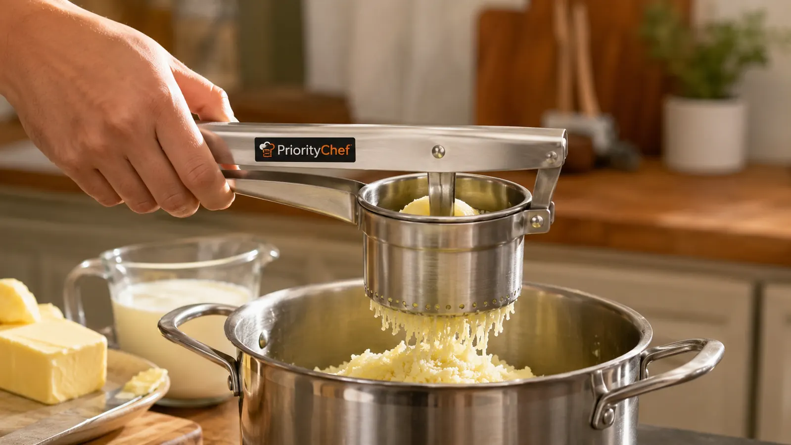Hand squeezing the potato ricer handles together over a stockpot of mashed potatoes