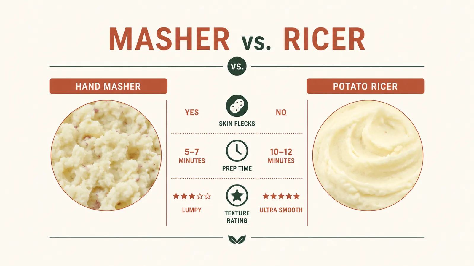 Side-by-side comparison chart of mashed potato texture: hand masher versus potato ricer