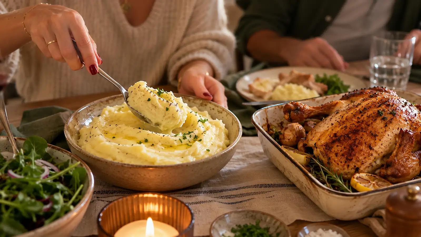 Family dinner table with a bowl of smooth mashed potatoes being served alongside roast chicken