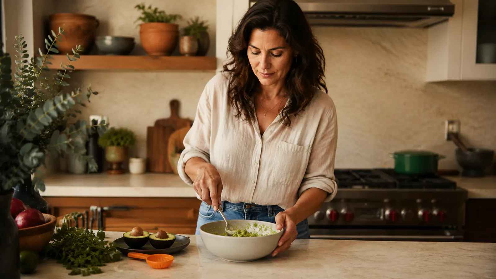 A woman at a kitchen island calmly making guacamole with a bowl, avocados, and the small avocado tool laid beside a cutting board, no bandaged fingers in sight
