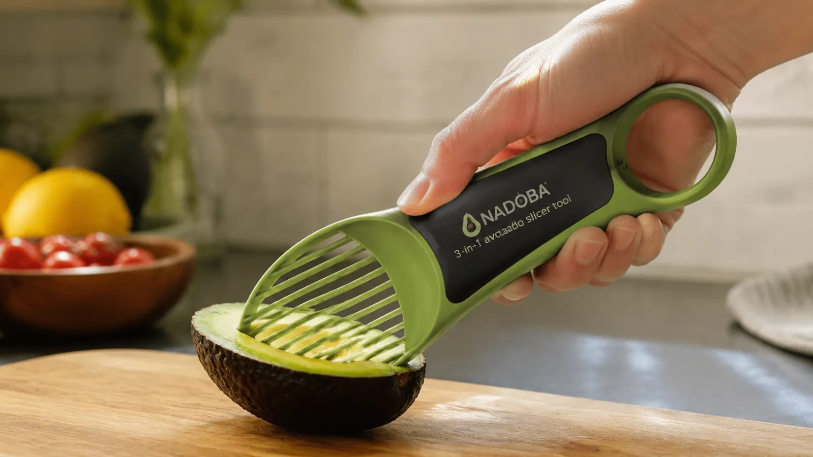 Hand using the avocado tool's blade edge to slice into an avocado half still in its skin