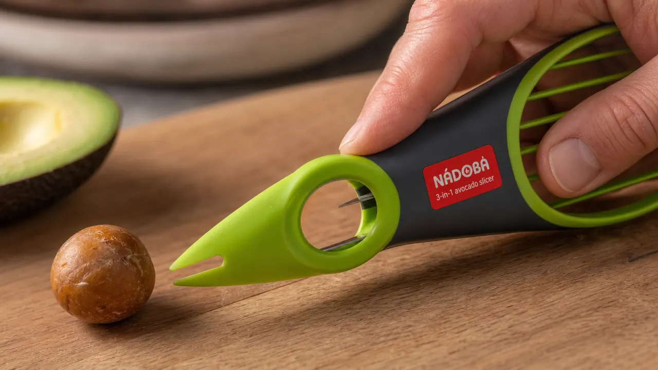 Close-up of the avocado tool's pit-remover prong bent slightly out of shape after repeated use