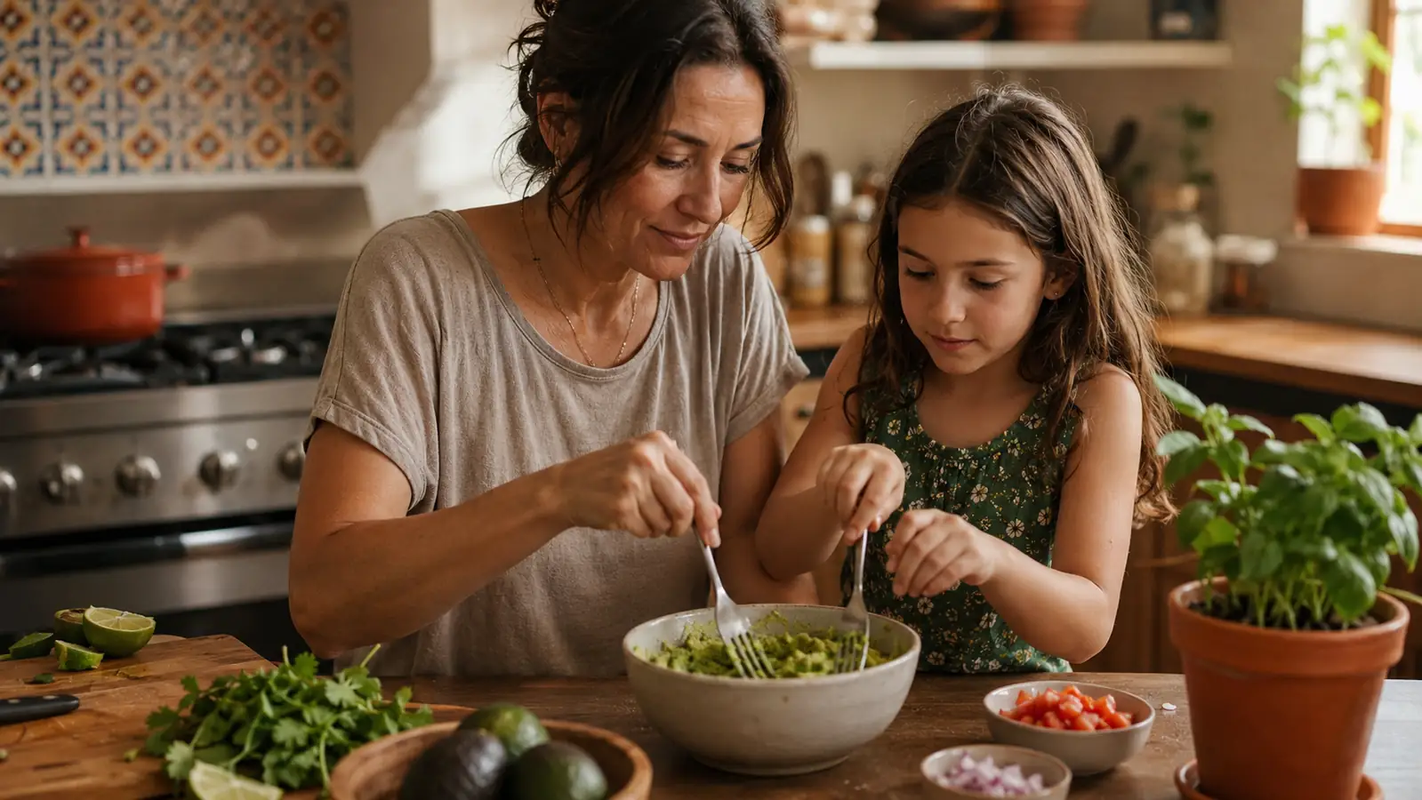 Woman and young daughter standing at a kitchen island making guacamole together, avocado tool and molcajete bowl on the counter