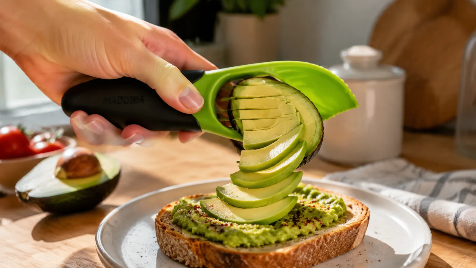 Hand using the NADOBA avocado tool's slicer comb to fan-cut a halved avocado directly over a piece of toast