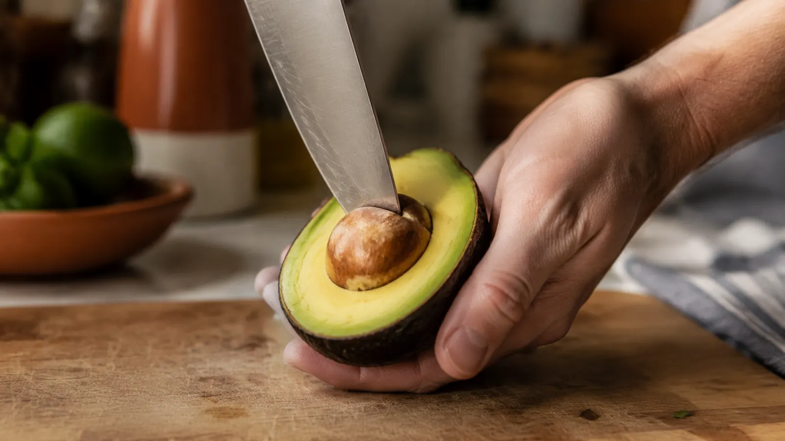 Chef's knife tip bracing an avocado pit on a cutting board, a common but risky way to remove it