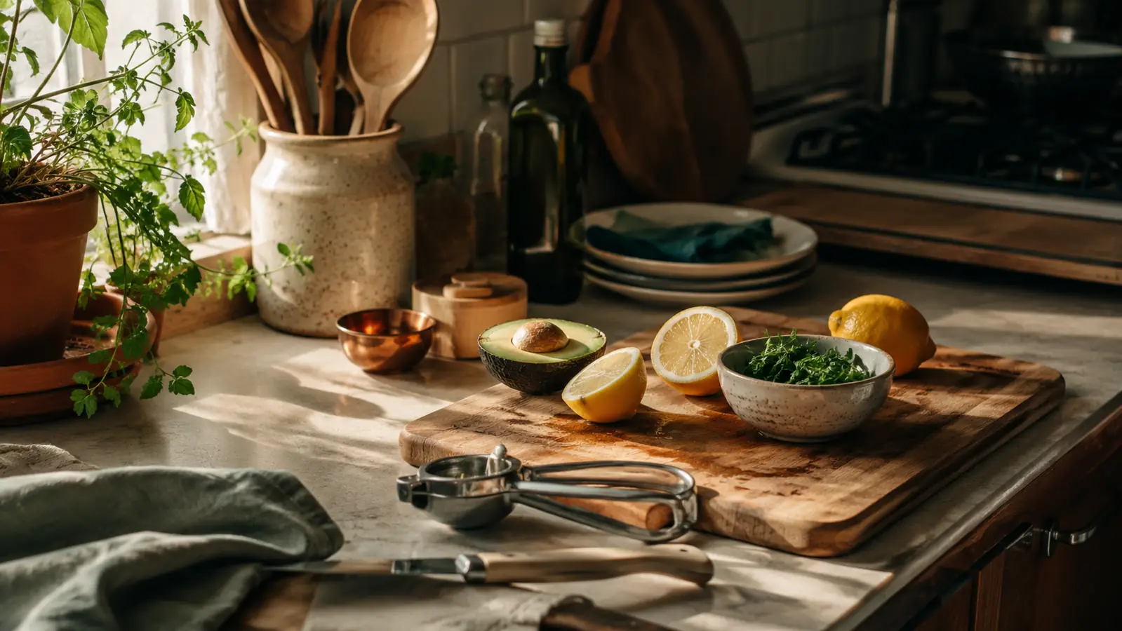 A bright home kitchen counter with fresh produce, a cutting board, and well-used kitchen gadgets in warm natural light