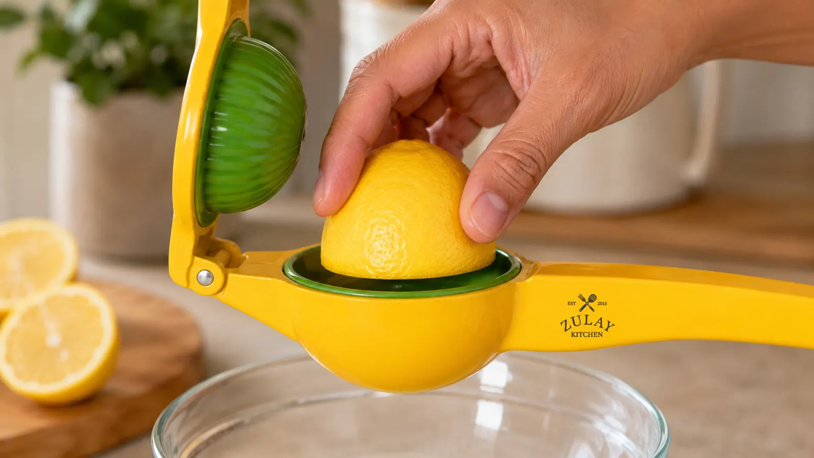 A hand placing a halved lemon cut-side down into the bowl of a metal hinged lemon squeezer over a mixing bowl