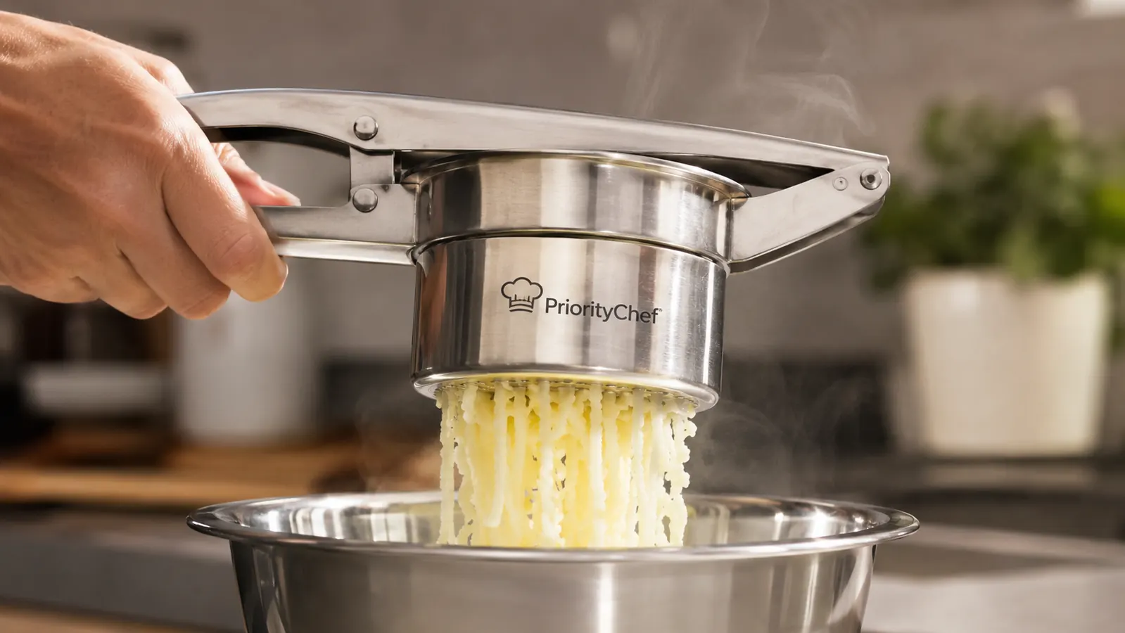 A hand squeezing a stainless steel potato ricer over a mixing bowl, cooked potato ribbons falling into the bowl