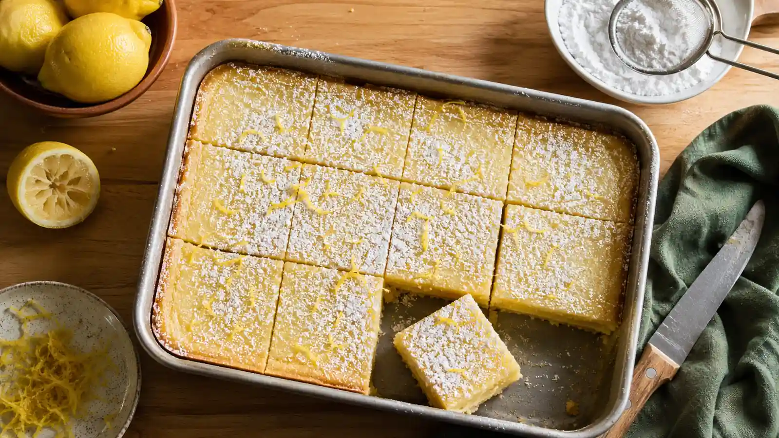 Overhead shot of finished lemon bars dusted with fresh lemon zest cooling on a kitchen counter