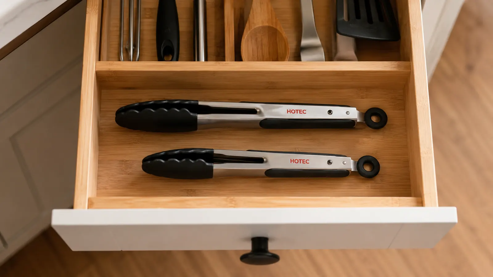 Two sizes of stainless steel locking tongs, one 9 inch and one 12 inch, laid flat and closed in a kitchen drawer next to other utensils