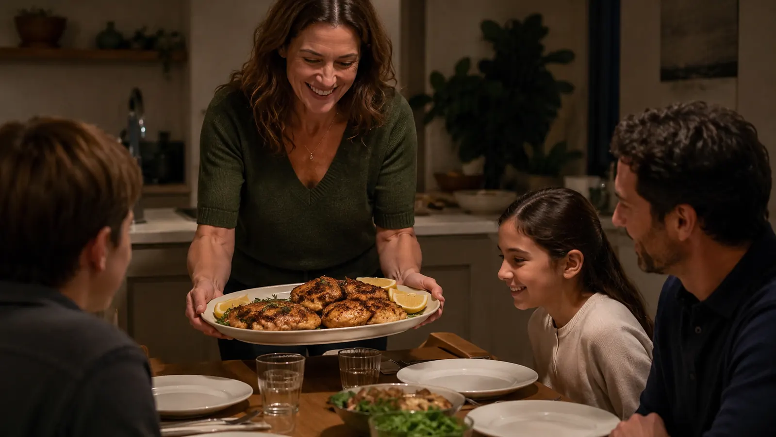 A family dinner table with a plate of intact, crisp-skinned seared chicken thighs being served