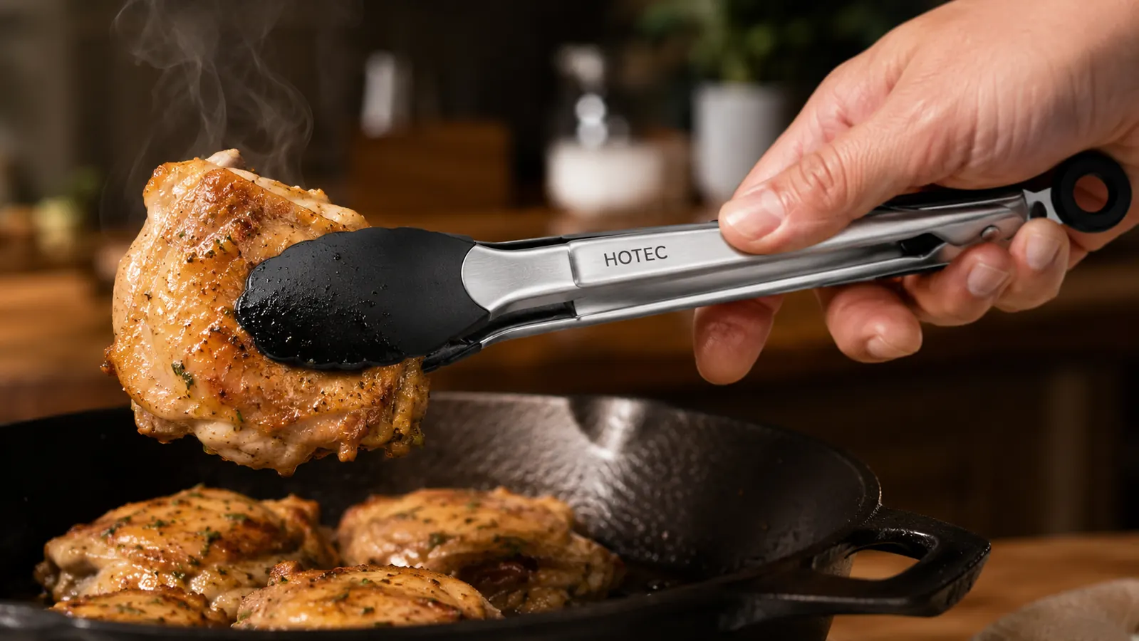 Hand gripping the 12-inch HOTEC tongs and flipping a seared chicken thigh in a cast iron skillet