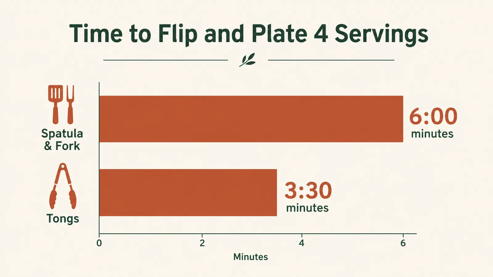 Simple bar chart comparing average time to plate a stovetop dinner using a spatula and fork versus locking tongs
