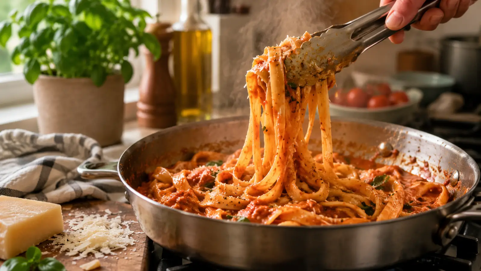Close-up of tongs tossing pasta in a skillet with sauce coating every strand