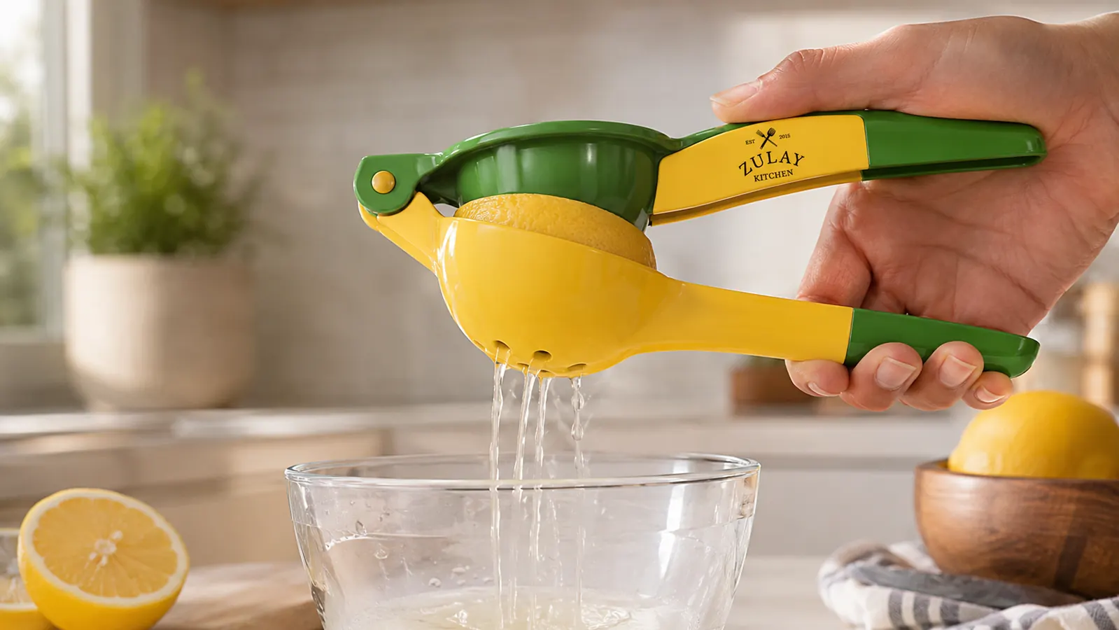 A hand pressing the handles of a metal lemon squeezer together over a glass bowl, juice streaming out while the seeds stay caught inside