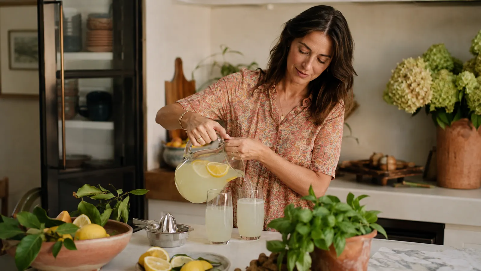 A woman at a kitchen island pouring fresh lemonade from a pitcher, relaxed posture, no wrist brace in sight