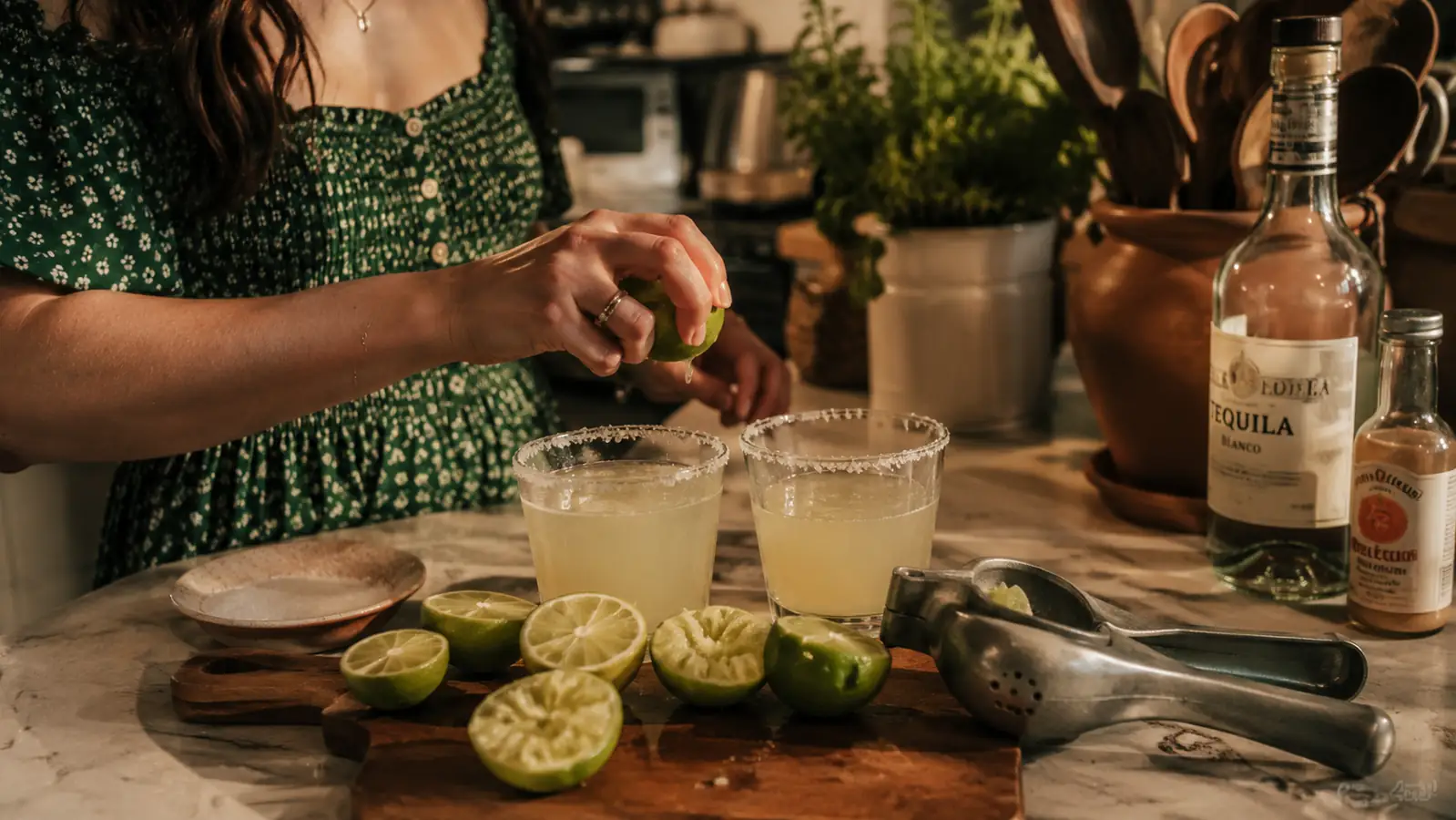 Friday night margarita setup with limes, salt-rimmed glasses, and the lemon squeezer on a kitchen counter