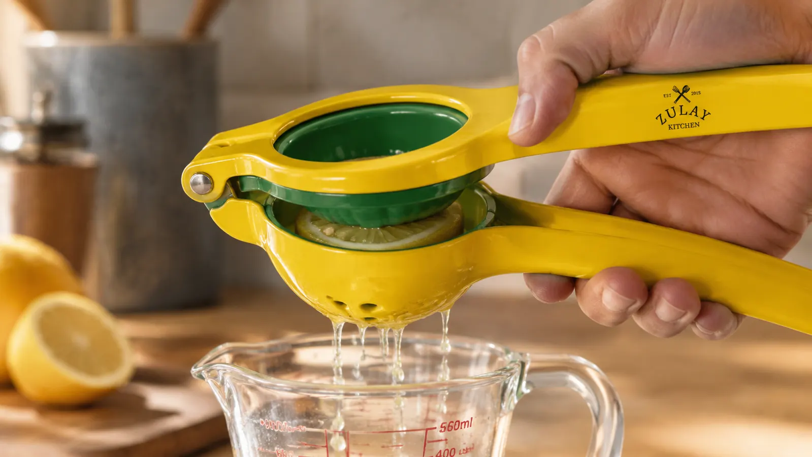A hand pressing the handles of the Zulay metal lemon squeezer together over a glass measuring cup, juice streaming through the holes while seeds stay trapped inside