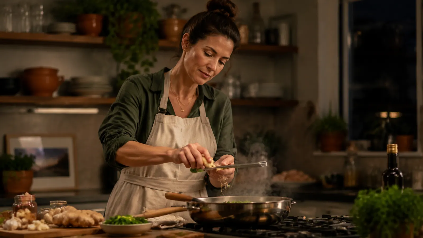 A home cook standing at a kitchen island grating fresh ginger into a skillet with the Microplane zester