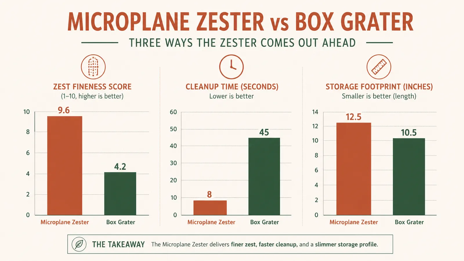 A bar chart comparing zest fineness, cleanup time, and storage footprint between a Microplane zester and a box grater