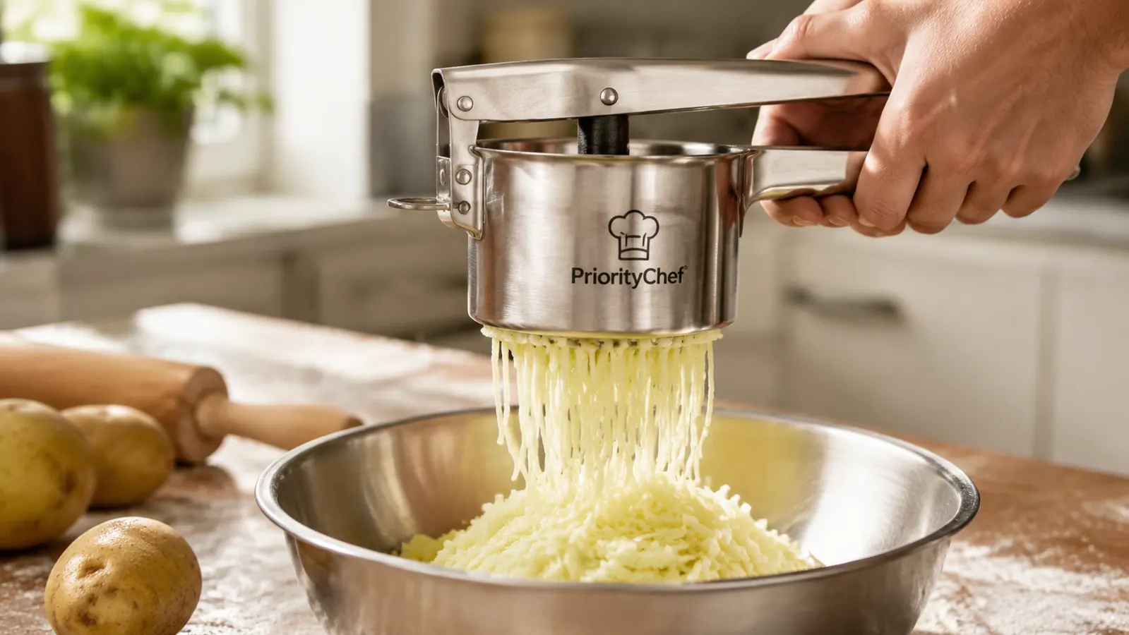 Hand pressing cooked potato through a stainless steel ricer over a mixing bowl on a kitchen counter