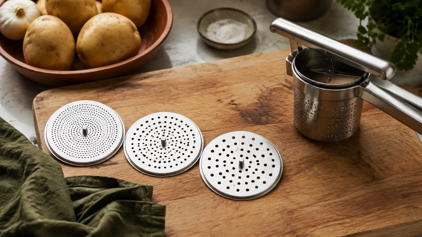 Three interchangeable ricer discs laid out on a wood cutting board next to the emptied ricer body