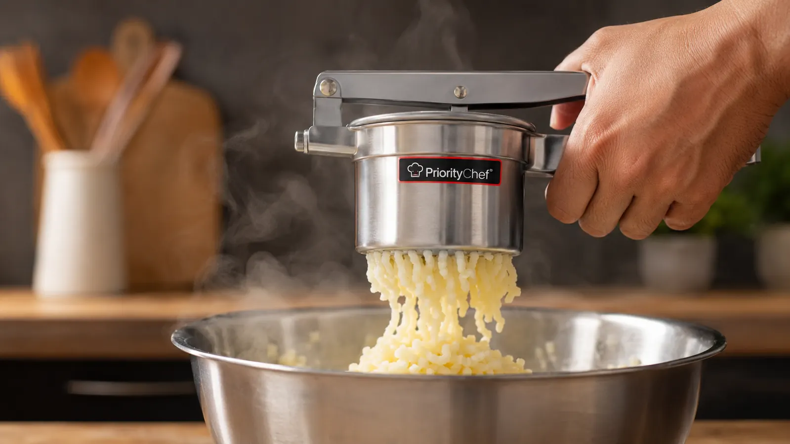Hand pressing a boiled potato through a stainless steel potato ricer over a mixing bowl