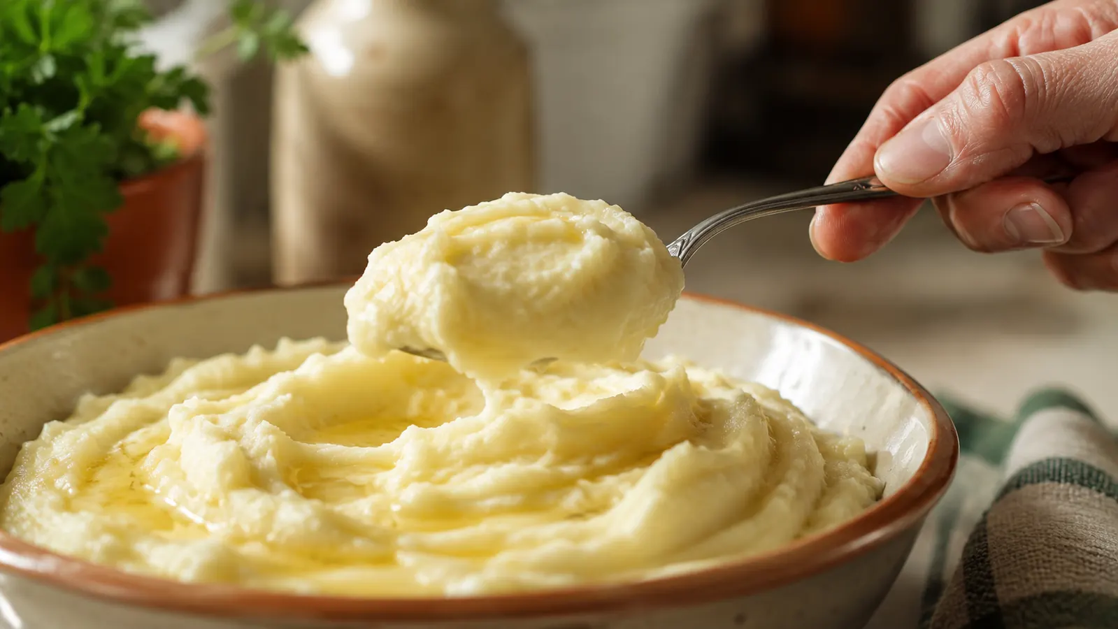 Close-up of smooth mashed potatoes being scooped with a spoon, no visible lumps